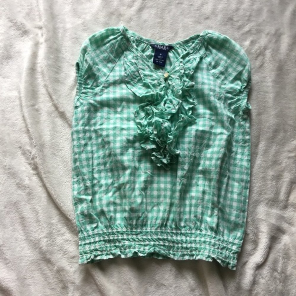 Chaps Girl’s Plaid Top ruffle short sleeves-size 6